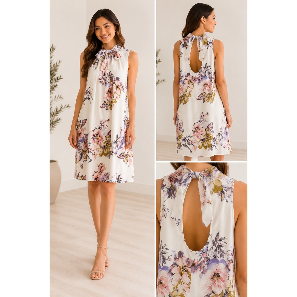 Roxberi Floral Chiffon Shift Dress White Pink Sleeveless Tie Neck Keyhole Small